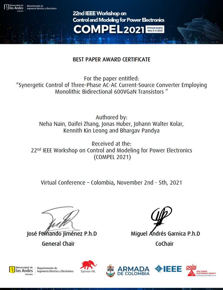 Enlarged view: Award Certificate - Best Paper Award at COMPEL 2021